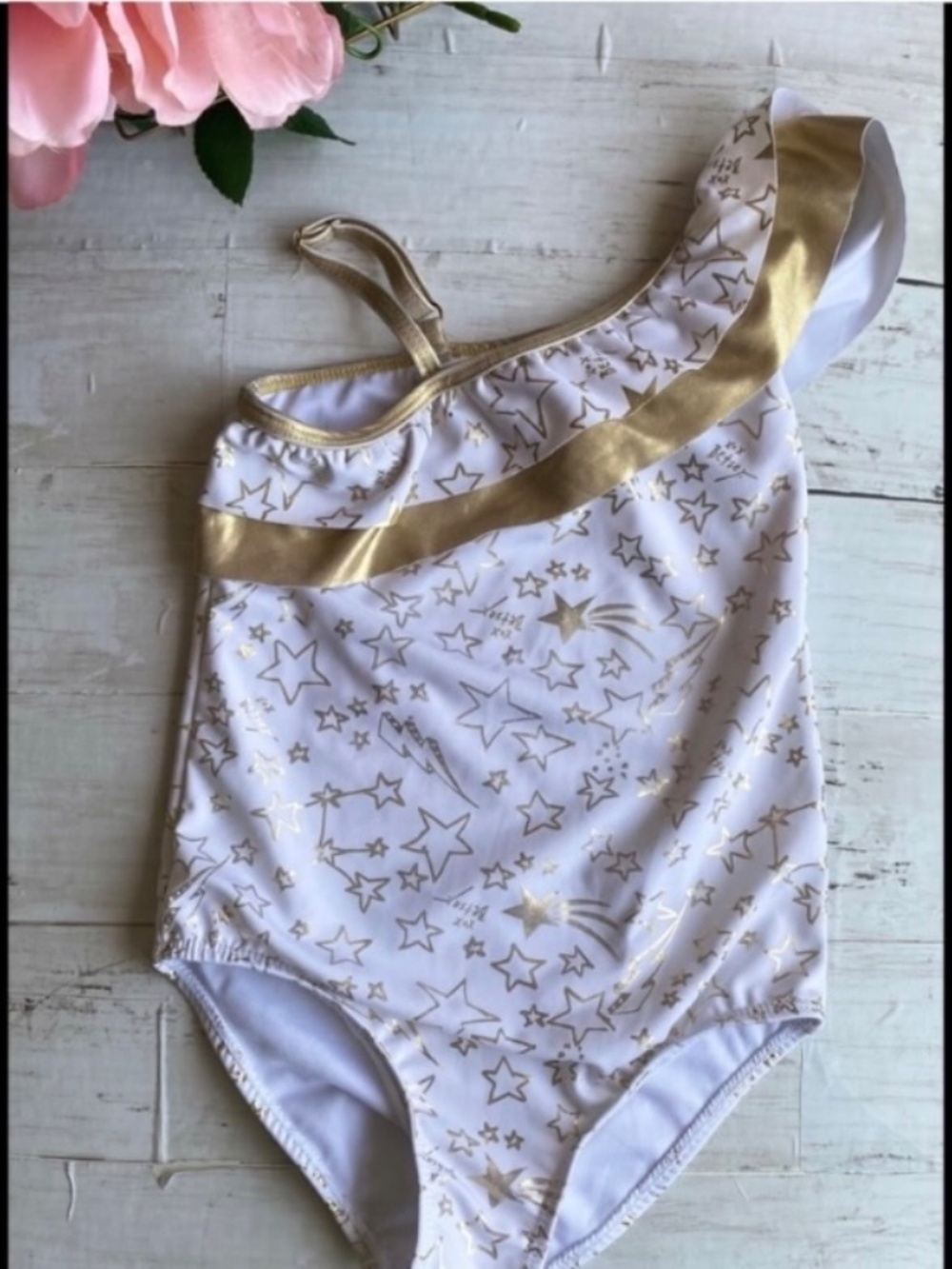 BETSEY JOHNSON White & Gold Star One-Shoulder Girls Swimsuit